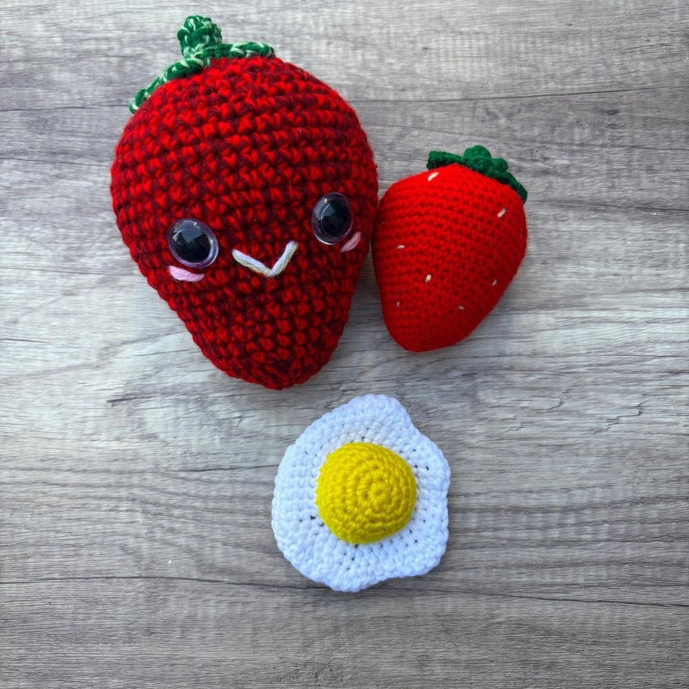 Crochet Strawberry Plush Set, Amigurumi Food Plushies, Smiling Strawberry, Egg